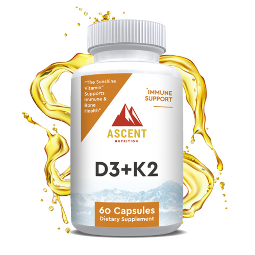 Bottle of Vitamin D3 + K2 capsules, 60 count