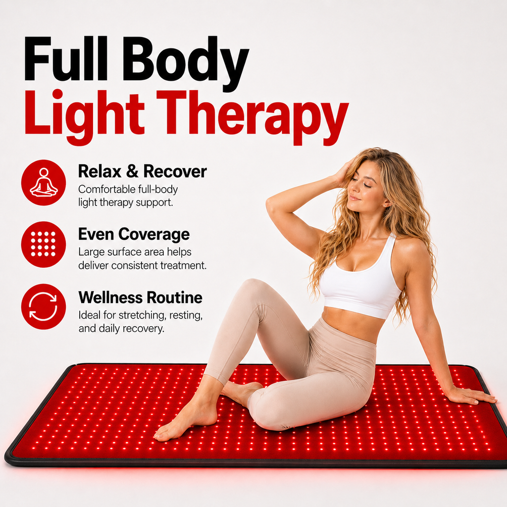 Person lying on the FullGlow 180 red light therapy mat during a session