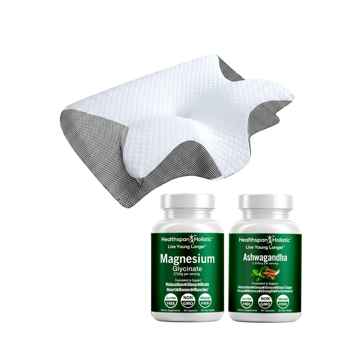 The Night Routine bundle — memory foam cervical pillow, Magnesium Glycinate and Organic Ashwagandha capsules