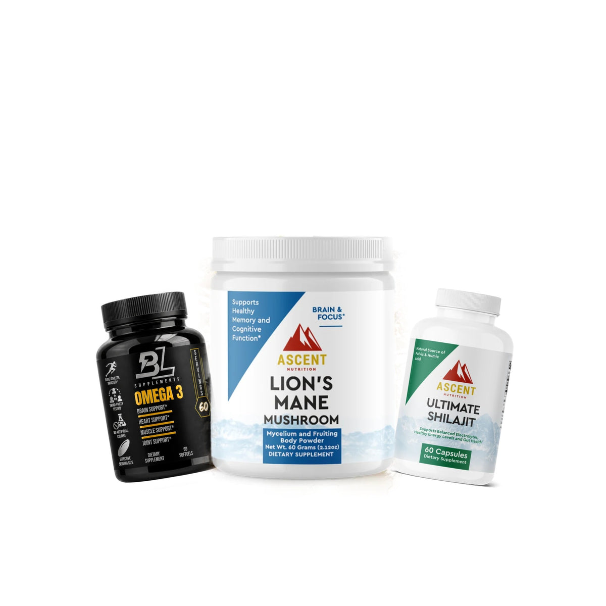 The Focus Routine bundle — Organic Lion's Mane mushroom powder, Ultimate Shilajit and Omega 3 softgels