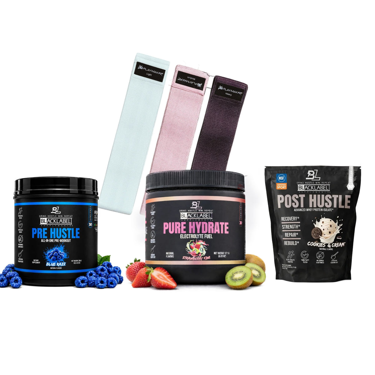 The Training Day bundle — PRE HUSTLE V3, POST HUSTLE, PURE HYDRATE electrolytes and Premium Resistance Bands